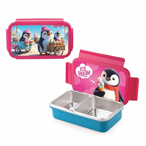 Image of WARMEO Cosmic 3D Print Insulated Lunch Box with Two Compartment BPA Free, Kids Lunch Box,Food Grade Ideal for School, Picnic,& Outdoor - 600 ml Penguin, Stainless Steel