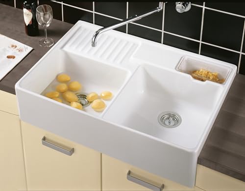Villeroy & Boch Spülstein Doppelbecken, Küchenspüle mit einem Hahnloch, Spüle inkl. Ablaufgarnitur mit Handbetätigung, Spülbecken aus Keramik, 895 x 630 mm, Weiß Alpin CeramicPlus