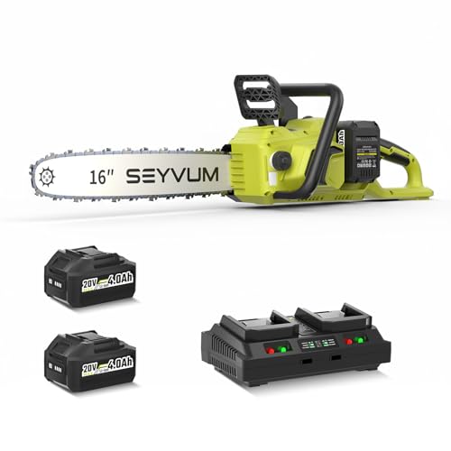 SEYVUM Cordless 40V 16 Inch Chainsaw with 2 x 4.0Ah Batteries, Electric Chain Saw with Tool-free Chain Tension, Auto Oiling, Heavy-Duty for Tree Felling, Firewood Cutting, Pruning