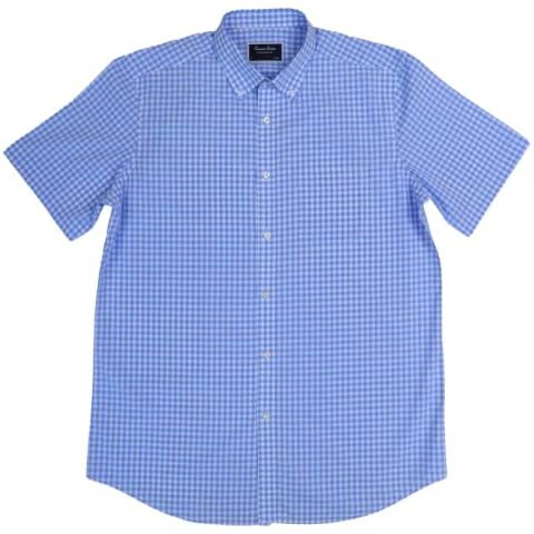 Men's Regular Fit Short Sleeve Shirts Casual Gingham Blue Checked Button Down Collar (Large) Cover