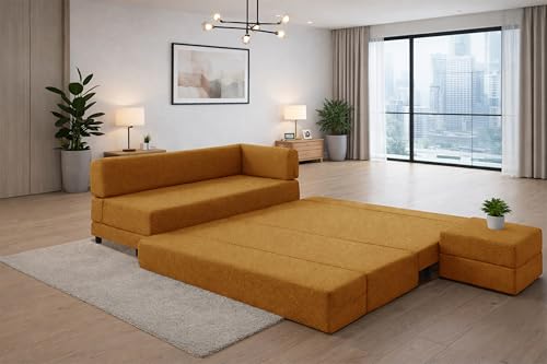 Image of Leg Sofa Cum Bed with Ottoman | Jute Fabric | Multipurpose Folding 3 Seater Sofa Bed 5x6 Ft for Living Room | Space Saving Furniture | Modern Design - Golden