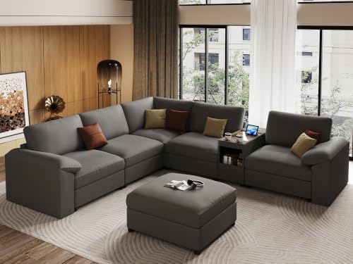 Image of EASE MOOSE Oversized Corner Modular Sectional Sofa with Ottoman, Faux Leather Sectional Sofa with Deep Seat, Scratch Resistant Faux Leather Material, Extra Large L Shaped Couch, Grey