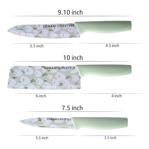 Image of Professional Piece Kitchen Knife Set - High Carbon Stainless Steel Chef, Utility & Santoku Knives with Ergonomic Blue Handles Knife (Light Green, 3 piece)