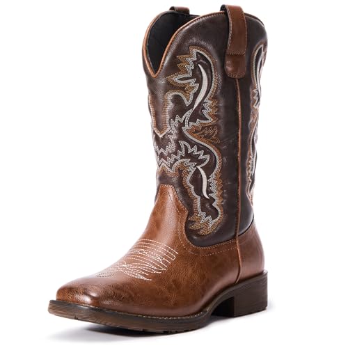 TruVeld Western Cowboy Boots for Men – Square Toe Retro Pull-On, Durable Embroidered Slip-Resistant Short Boots