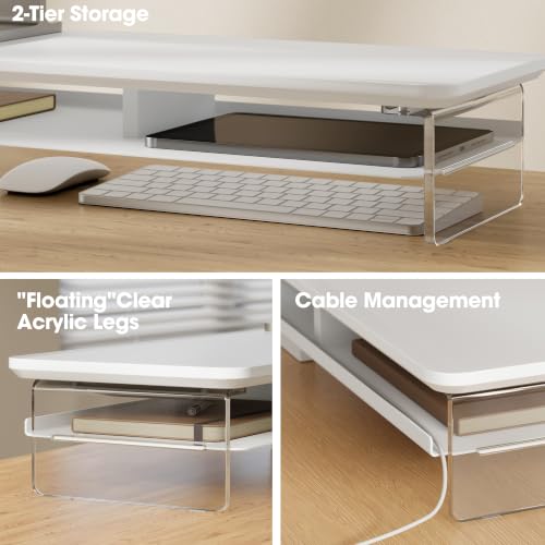Image of Fenge 42.5 inch Dual Monitor Stand with Clear Acrylic Legs, White | Clear acrylic, storage compartment, 2-tier home office monitor riser, wide large desktop shelf fit monitor /laptop /printer