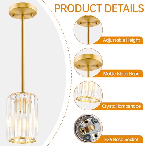 Esfos Gold Pendant Light, Modern Crystal Pendant Lights Kitchen Island, Kitchen Island Lighting with Adjustable Height, UL Certified Island Lights for Kitchen Dining Room Bedroom Hallway 1 Pack — view 6