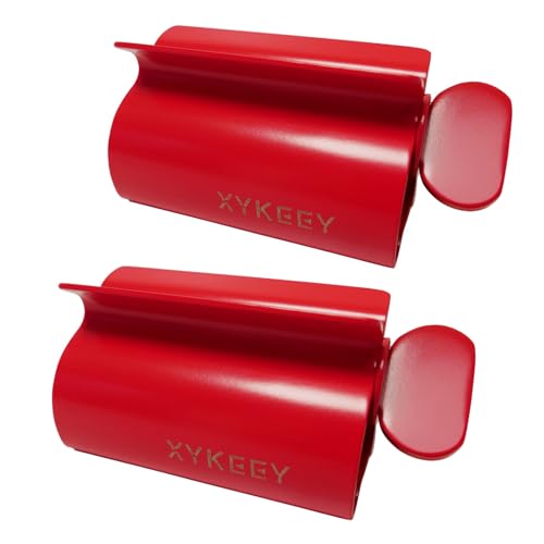 XYKEEY Toothpaste Tube Squeezer - Set of 2 Toothpaste Squeezer Rollers, Metal Toothpaste Tube Wringer Seat Holder Stand (Red)