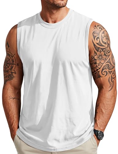 MAGCOMSEN Mens White Tank Top Gym Workout Sleeveless T Shirts Moisture Wicking Athletic Muscle Shirts for Running Swim Beach
