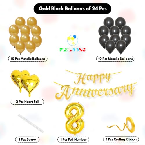 Image of Flyloons 8th Happy Anniversary Decoration Items Gold Black for Men Women Husband Wife Mom Dad Parent Couple Home Bedroom Car With 20 Pcs Metallic Balloons Anniversary Banner 2 Pcs Heart Set Kit Golden