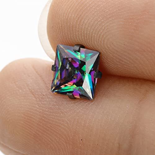 Titanium Screw Back Pack Of Earrings Square Rainbow Cz Fake Diamond Studs Set For Women Men Surgical Stainless Steel Cubic Zirconia Square Black Gold Plated Hypoallergenic For Sensitive Ears Helix #TOP4