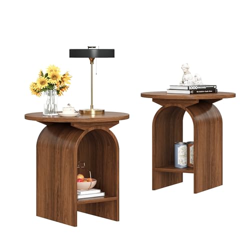 Clyphix Side Table Set of 2, Round Coffee Table for Living Room, 2-Tier end Table with Storage and Thickened Tabletop, Modern Center Table Boho Small Bed Side Table for Living Room Office, Walnut