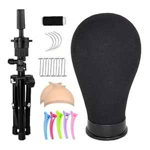 23 Inch Canvas Wig Head Set, Styling Mannequin Head with Mount Hole for Wig Making, Styling and Display,with Stand Tripod, Styling Hair Clips, T Needle, C Needles, Thread, Wig Caps (Black)