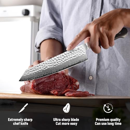 LeeKnives 8.5 Inch Kiritsuke Chef Knife, Professional VG10 Damascus Steel Knives with Hammered Blade, Ultra Sharp Kitchen Slicing Knife with Ebony Wood Handle & Gift Box