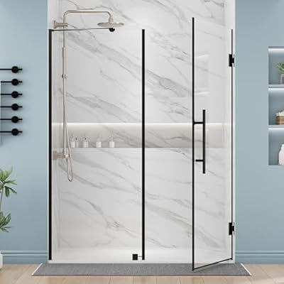 DELAVIN 58-58.5" W x 72" H Hinged Glass Shower Door, Water Leakage Prevention Glass Shower Door with Magnetic Seal Strips and Handle, Adjustable Frameless Shower Doors Easy Essembly, Matte Black