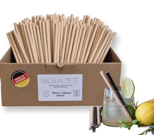 NACHHALMTIG Strohhalme Trinkhalme Papier braun kurz 8mm x 145mm 250 Stück MADE IN GERMANY hitzebeständig bis 70°C ideal für warme Getränke, Aperol, Cocktails, und Smoothies.