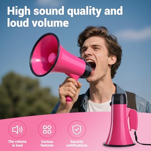 Flydot Megaphone with Speaker Microphone Siren and 240-Second Recording Bullhorn Includes Volume Control for Outdoor Events and Crowd Management (Black Pink) - Thumbnail 4