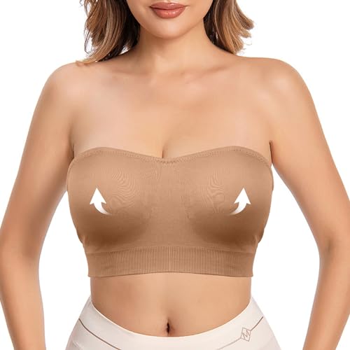 Runmeihe Women's Strapless Bras with Convertible Straps, Seamless Bandeau Underwire Bralette, Non Padded Tube Top Bra for Bigger Bust- (UK, Alpha, XXL, Regular, Regular, Skin)