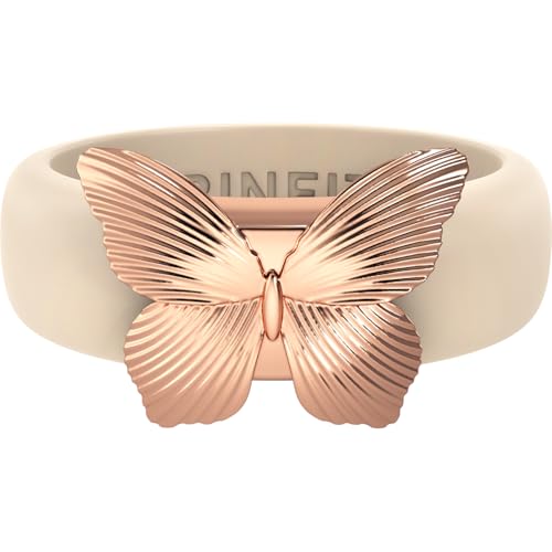 Rinfit Womens Silicone Ring with Stainless Steel Butterfly - Rubber Wedding Bands - Nude/RoseGold, Size 8
