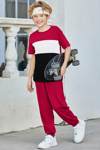 Image of Arshiner Boy's Pants Set - 2 Piece ColorBlock Short Sleeve T-Shirt and Active Pants - Casual Clothing Outfits 5-12 Years