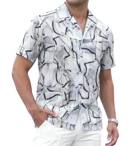 Alex Vando Mens Print Linen Cotton Shirts Short Sleeve Casual Summer Hawaiian Beach Shirt for Men