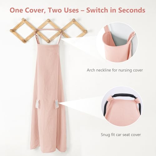 Image of Hooyax 2-in-1 Baby Car Seat Cover & Nursing Cover, 100% Muslin Cotton, Breathable Car Seat Canopy and Privacy Breastfeeding Cover, Pink