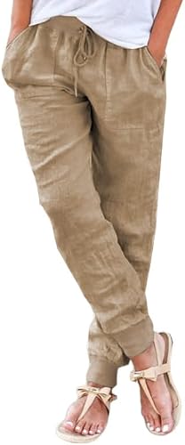 Dokotoo Womens Linen Solid Casual Loose Drawstring Tie Elastic Waist Jogging Jogger Hiking Cargo Pants Sweatpants for Women with Side Back Pockets Khaki Large