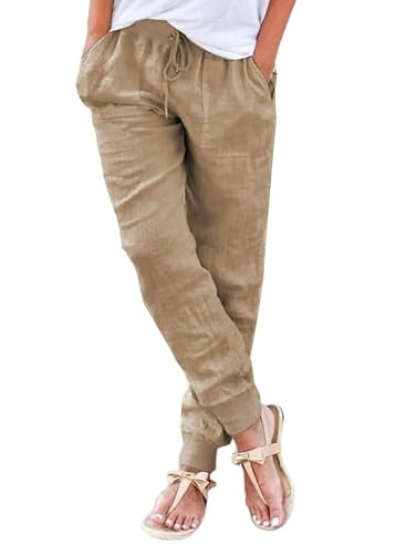 Dokotoo Womens Linen Solid Casual Loose Drawstring Tie Elastic Waist Jogging Jogger Hiking Cargo Pants Sweatpants For Women With Side Back Pockets Khaki Large #TOP2