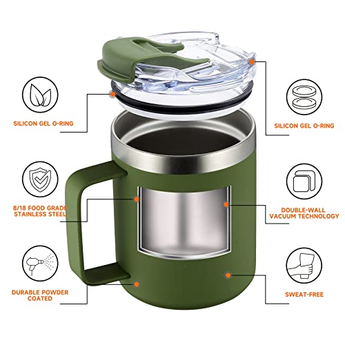 Image of 12oz Insulated Coffee Mug Cup with Handle, Stainless Steel Travel Coffee Mug with Flip Lid, Double Wall Vacuum Coffee Tumbler, ArmyGreen