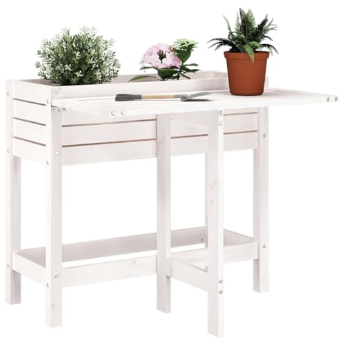 Jardinière blanche avec plateau de table pliable, en pin massif, parterre de jardin surélevé pour l'extérieur, 84 x 73 x 75 cm, idéale comme parterre de fleurs surélevé pour terrasse et balcon