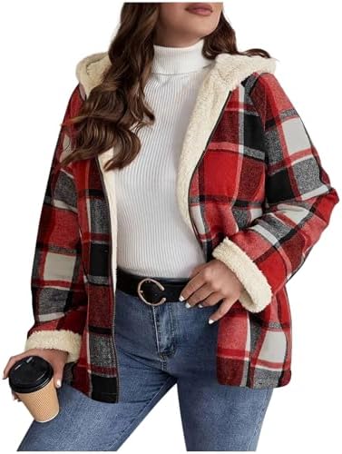 Jackets for Women Fleece Lined Flannel Shacket Hooded Sherpa Cozy Casual Zip up Fuzzy Plaid Coat Warm Winter Clothes