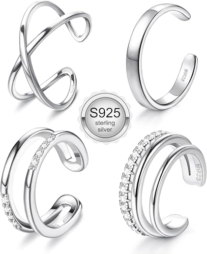 JeryWe 4 Pcs 925 Sterling Silver Ear Cuff for Women Non Piercing Adjustable Ear Cuff Earrings Clip On Cartilage Helix Wrap Ear Jewelry Set Sliver