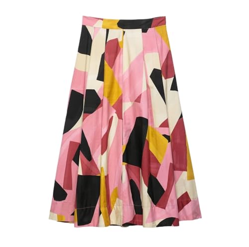 Women's Printed Pleated Skirt High Waist Side Casual Chic Long Skirt