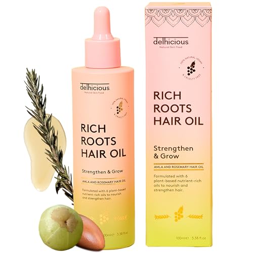 Delhicious Amla Hair Oil & Rosemary Oil for Hair Growth - Rich Roots Hair Loss Treatment for Thinning Hair - Dry Scalp Treatment with Argan Oil - Ayurveda Scalp Oil - Vegan, Sulphate Free - 100ml