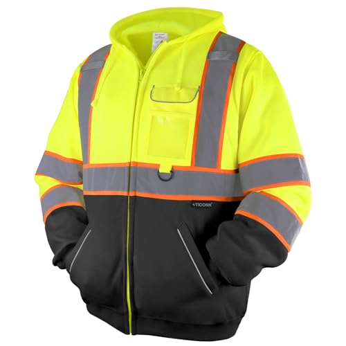 TICONN High Visibility Safety Sweatshirt Hoodie, Reflective Hi-Vis ANSI Class 3 Fleece Zippered Hooded Jacket with Black Bottom for men and women (Yellow&Black, XL)