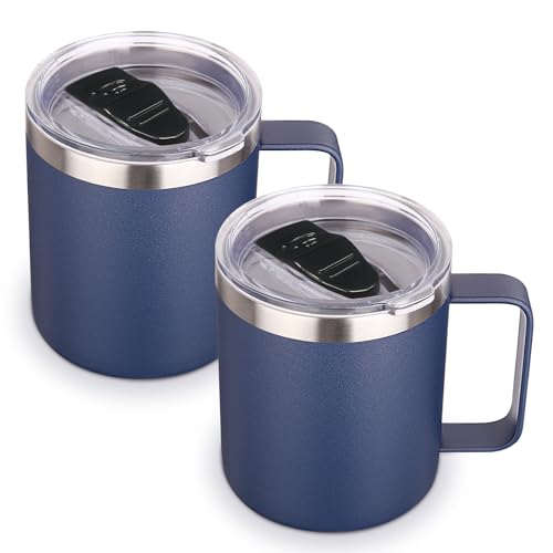 Volhoply 14oz Insulated Stainless Steel Coffee Mug with Lid Bulk 2 Pack,Double Wall Vacuum Travel Coffee Cup with Handle,Reusable Metal Cups Tumbler,Camping Mugs Keep Hot,Ideal Gifts(Navy,2)