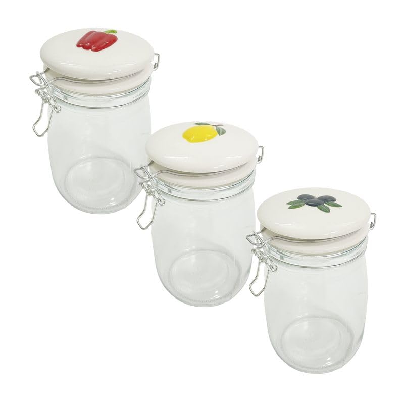 ROCKING GIFTS Set de x3 Bote de Cristal Transparente para Cocina Capacidad 1L Tapas de Cerámica Coloridas Recipiente Hermético Accesorios de Cocina 19 cm