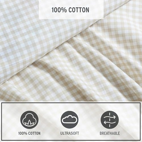 Image of Eddie Bauer - Full Size Sheet Set, 100% Cotton Percale Bedding, Crisp & Breathable Bed Sheets, Fully Elastic Fitted Sheet with Pillowcases (Little Gingham Beige)