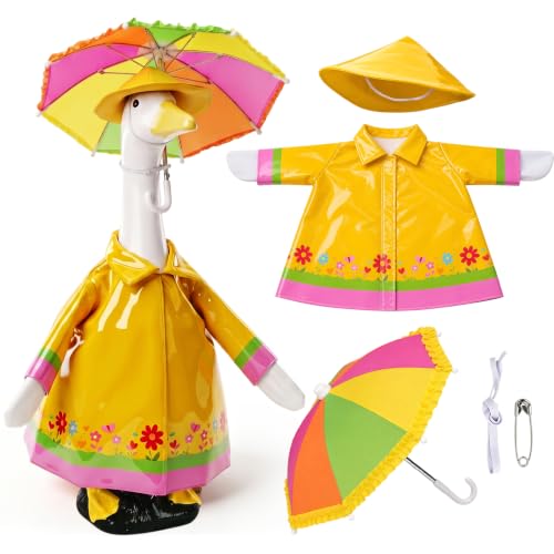 Zrynthyl Porch Goose Rain Suit Costume Set, Weather Resistant Goose Figurine Outfit with Umbrella Design, Outdoor Garden Yard Decoration