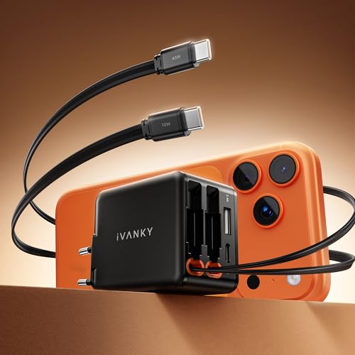 iVANKY 4-in-1 USB C GaN Ladegerät mit 65cm Einziehbarem Ladekabel, 45W Netzteil für iPhone 17 Pro Max Air, Reise Charger mit Doppel USB-C Kabeln, Schnellladung 4-Port-Adapter für Samsung, Aufrollbares