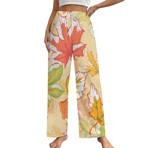 Unisex Pajama Pants, Autumn Leaf Pattern Retro Drawstring Waist Loose Fit PJ Sleepwears with Pockets for Coulpe