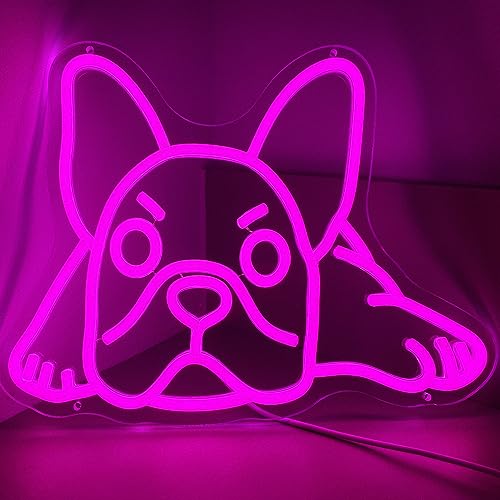 Neisouf French Bulldog LED Neon Sign for Wall Decor, Frenchie Dog USB-5V LED Neon Light, Bull Dog Gifts for Bedroom Room Store Shop Decor (14inch, Pink02)