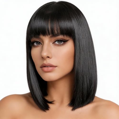 Perruque Bob Noire Courte avec Frange – 25-30 cm Synthétique Naturelle – Coupe Carré Lisse, Effet Naturel après Coiffage – Idéale Quotidien, Soirée,...