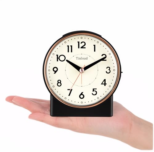 Image of Tinload 4.3 inch Retro Analog Alarm Clock, Vintage Decor, No Ticking Silent, Easy to Set, Gradual Rise Alarm, On /Off Switch on Side, Gentle Wake, Snooze, Lighted on Demand, Battery Operated, Retro Black