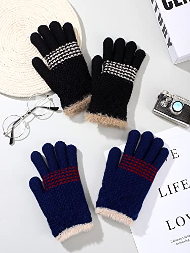 2 Pairs Kids Winter Knit Gloves Boys Girls Warm Thermal Cable Knitted Gloves 5-12 Year Wool Fleece Liner Mittens (Navy Blue, Black) #TOP6