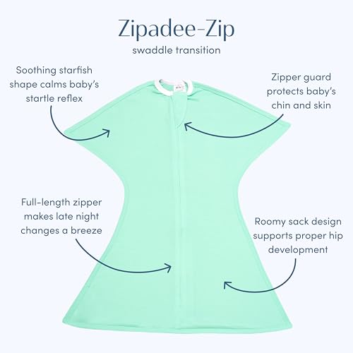 Image of SleepingBaby Zipadee-Zip Transition Swaddle - Cozy Baby Swaddle Blanket with Zipper Convenience - Roomy Wearable Blanket for Easy Diaper Changes - Classic Mint, Small (4-8 Month)