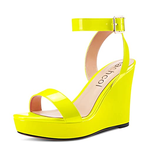 Image of Aachcol Women Platform Wedge Sandals Round Peep Open Toe Ankle Strap Slingback Two-Piece Chunky Block High Heel Dress Shoes Pumps Party Patent 4 Inch