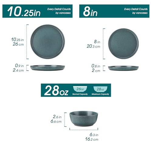 Image of vancasso Plates and Bowls Sets, 18 Pieces Stoneware Dinnerware Set for 6, Ceramic Dish Set for Kitchen, Microwave and Dishwasher Safe, Smoky Teal, Series ZERMATT