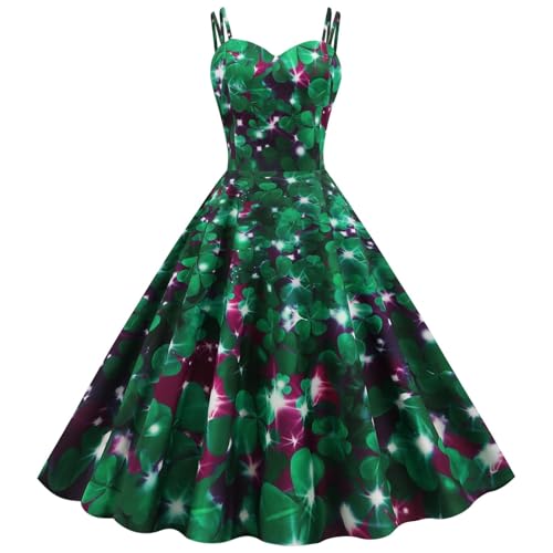 Disfraz de día de San Patricio para mujer, vestido de trébol irlandés feliz, sin mangas, cuello en V, vestido de cami, elegante, rockabilly, swing, verde, S