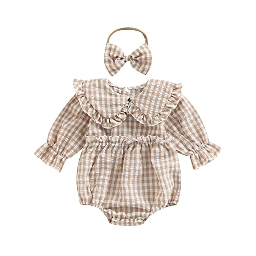 Newborn Baby Girl Fall Clothes Plaid Ruffle Romper Princess Peter Pan Collar Bodysuit Headband