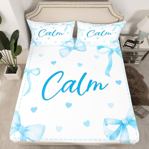 Erosebridal Cute Blue Bow Knot Fitted Sheet,Calm Cartoon Bow Bed Sheets for Kids Boys Girls,Kawaii Love Heart Bowtie Bedding Set Queen Size,Butterfly Knot Princess Style Sheets 3 Piece